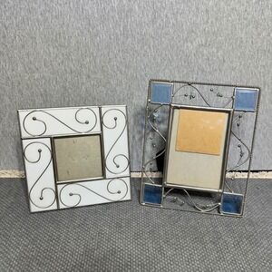 Connoisseur Stained Glass Picture Frames Set 2 White Scroll Blue Stone Bead Art